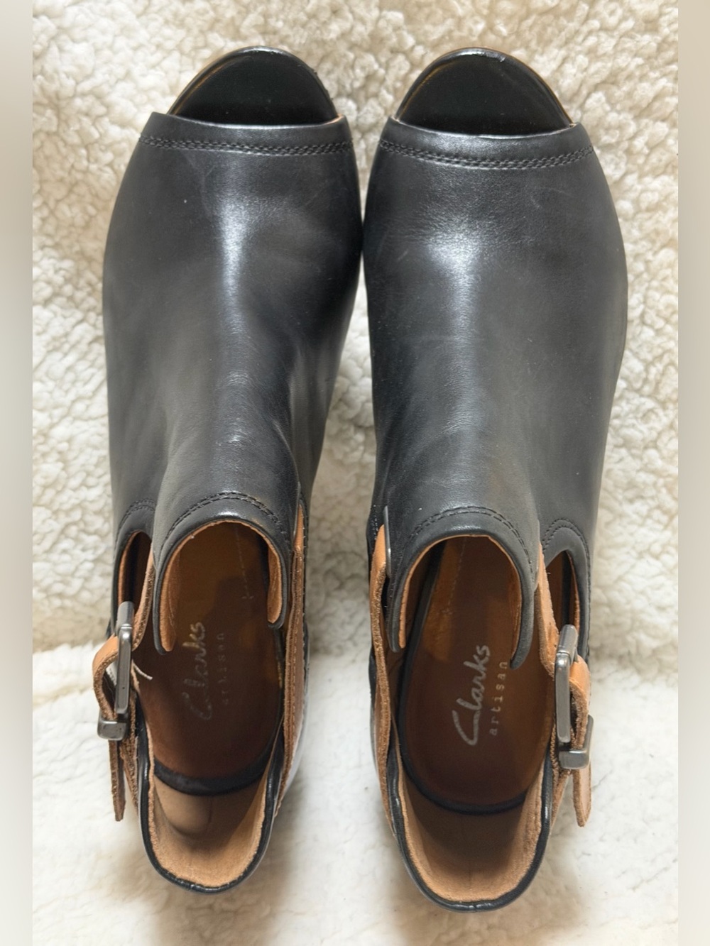 Clarks Artisan Black Leather Shira Nicole Peep Toe 3" Booties Women's Size 9 M - Picture 9 of 14